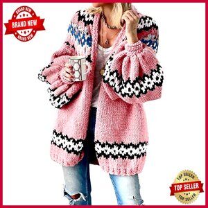 Oversized V-Neck Cardigan Sweater Chunky Knit Open Front Patterned